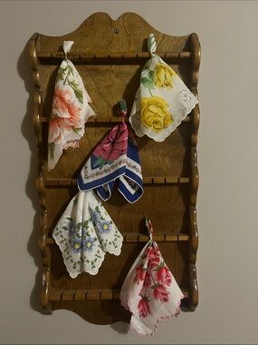 Vintage Spoon Rack/Shelf with Floral Cotton Handkerchiefs - Assorted Colors